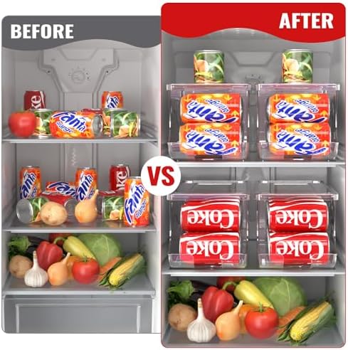 2 Pack Stackable Refrigerator Organizer, Soda Can Dispenser Pop Cans Container Beverage Holder with Lid for Fridge, Freezer, Kitchen, Clear Plastic Storage Bins-Holds 10 Cans Each