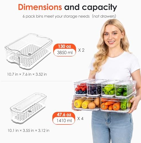 6 Pack Clear Fridge Organizer Bins with Drain Trays - Stackable