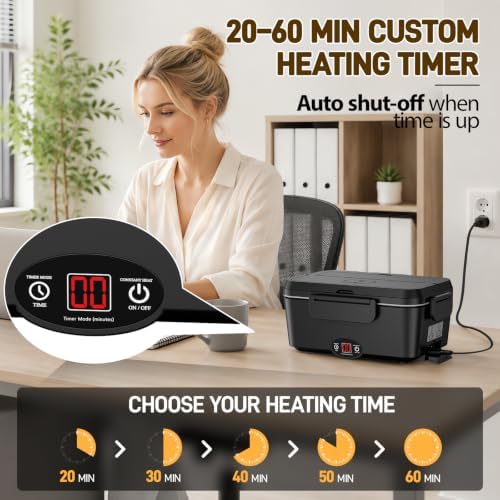 1.8L Heated Lunch Box with Timer, Auto Shut-Off Electric Lunch Box