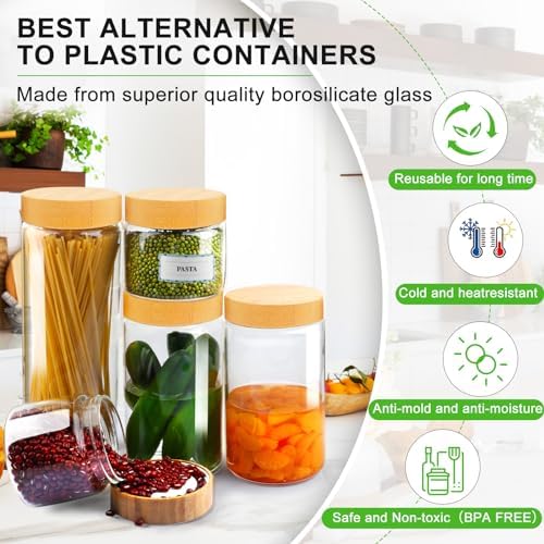 Airtight Glass Jar with Lid, Glass Storage Containers with Screw On Bamboo Lids, for Cookie, Pasta, Cereal Storage Containers, 5Pcs 80oz 50oz 27oz Canisters Sets for the Kitchen