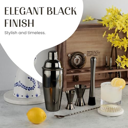 Rustic Cocktail Shaker Set – Includes Wood Stand, Complete Barware Kit with 24 Oz Shaker, Dual Jiggers, Pourers, Muddler, Strainer – Perfect for Home Bartenders (Gun-Metal Black)