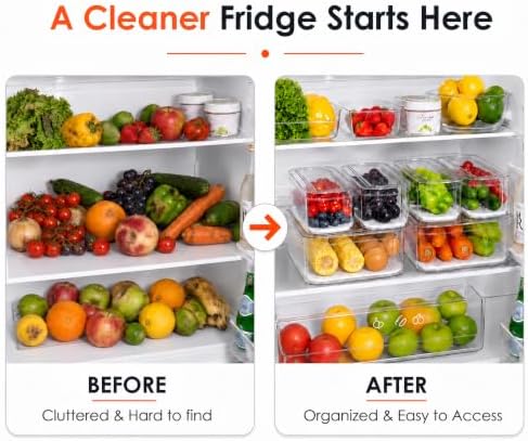 6 Pack Clear Fridge Organizer Bins with Drain Trays - Stackable