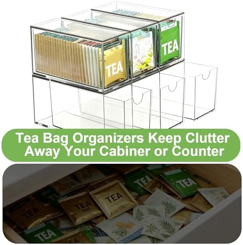 6 Pack Stackable Tea Bag Organizer Drawers – Clear Acrylic Tea Bag Holder for Cabinet, Drawer, Pantry, Countertop – Kitchen Tea Storage Container