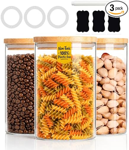 Set of 3 Glass Jars Containers – 1 L Airtight Food Storage Jars with Bamboo Lid for Cereal, Pasta, Tea, Coffee, Sugar – Dishwasher Safe