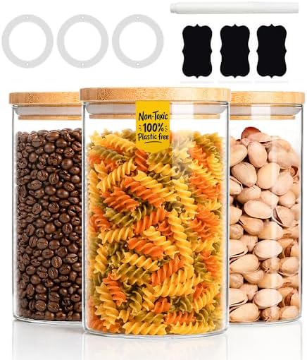 Set of 3 Glass Jars Containers – 1 L Airtight Food Storage Jars with Bamboo Lid for Cereal, Pasta, Tea, Coffee, Sugar – Dishwasher Safe