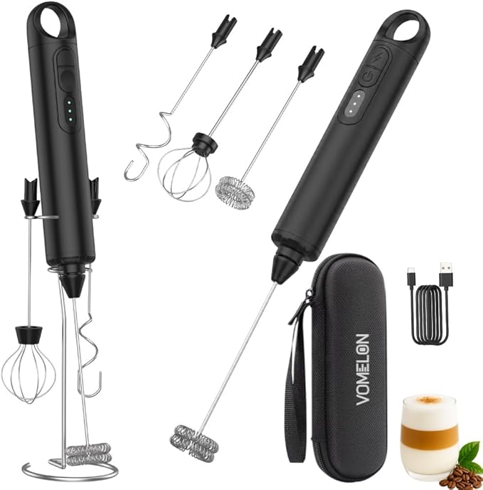 Rechargeable Milk Frother Handheld 3 Speed Coffee Foamer [3 Whisk] Electric Drink Mixer for Latte, Cappuccino, Coffee, Eggs, Hot Chocolate, Protein Black
