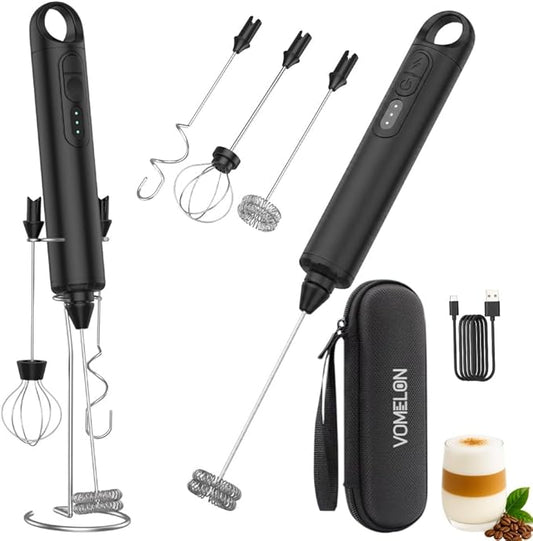 Rechargeable Milk Frother Handheld 3 Speed Coffee Foamer [3 Whisk] Electric Drink Mixer for Latte, Cappuccino, Coffee, Eggs, Hot Chocolate, Protein Black