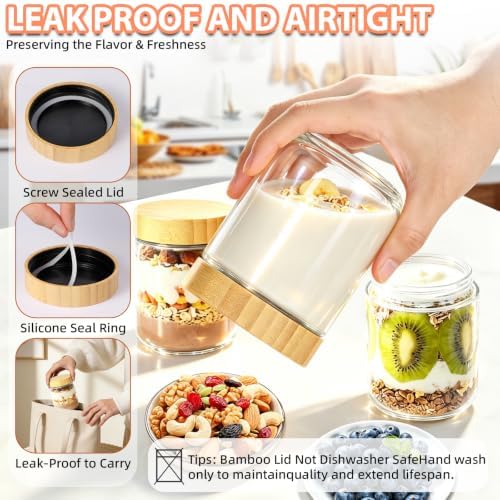 Overnight Oats Containers with Bamboo Lids, 16 oz Leakproof Glass Jars