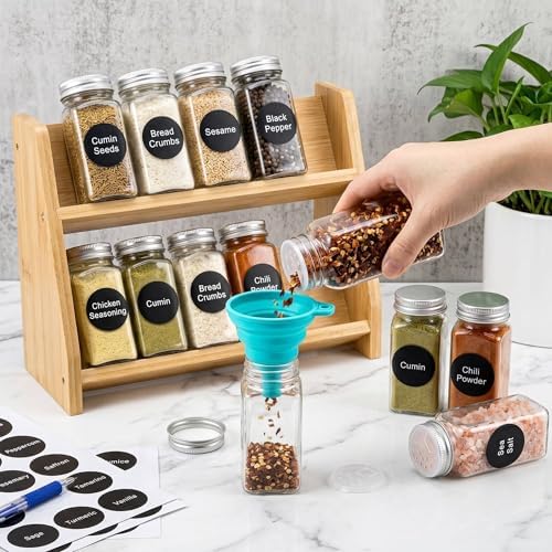 24 Pack Plastic Spice Jars, 4 oz Spice Bottle Square Seasoning Containers, Reusable Salt Pepper Shaker with Airtight Lid Labels and Funnel for Spice, Herbs, Powder and Glitters