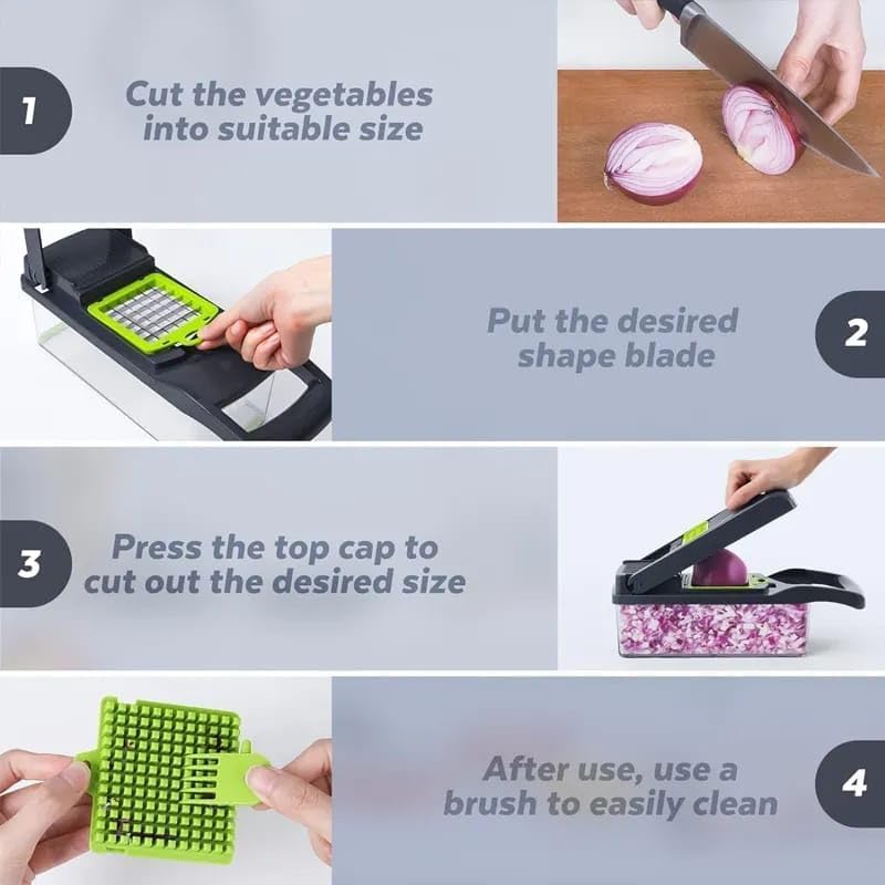 14-in-1 Vegetable Chopper, Mandoline Slicer & Food Dicer with Container, Multifunction Vegetable Cutter with Stainless Steel Blades, Onion Chopper, Grater, Julienne & French Fry Cutter - Image 4