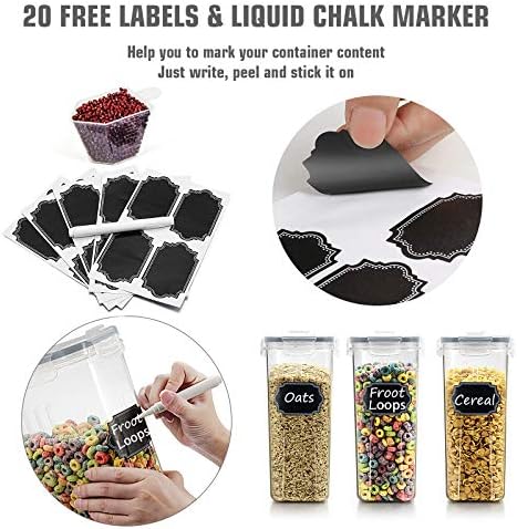 Cereal Storage Containers Set, Large BPA Free Plastic Airtight Food Storage Containers 4L /135.3oz for Flour, Sugar, 6 Piece Set Cereal Dispensers with 20 Labels & Marker, Grey