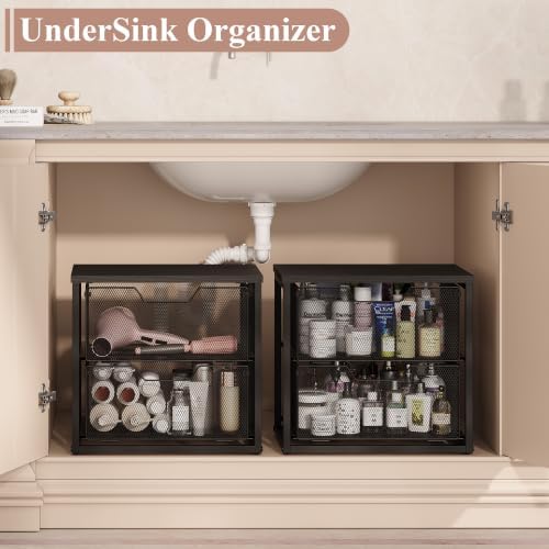 2-Tier Stackable Storage Drawers, Breathable Wire Mesh with MDF Top