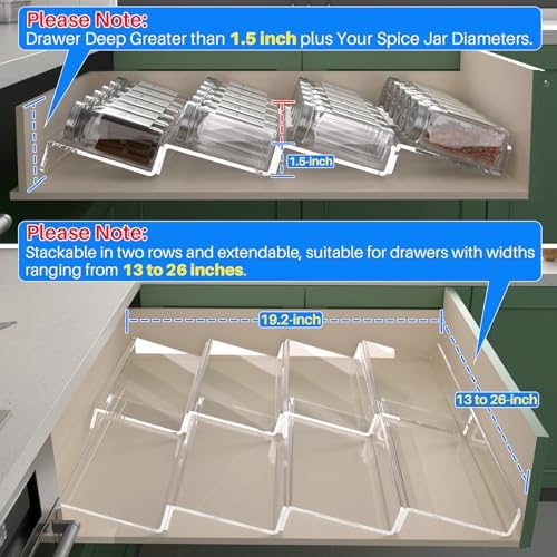 Spice Drawer Organizer, 4 Tier- 8 Pack Kitchen Spice Rack Tray for Drawer, Expandable From 13" to 26" Acrylic Seasoning Organizer Rack Holds up 56 Spice Jars (Jars not Include)