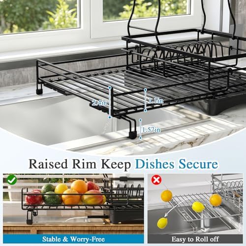 2 Tier Dish Drying Rack, Large Extendable Dish Racks for Kitchen Counter, Dishrack with Drainboard, 2-in-1 Anti-Rust Stainless Steel Dish Drainer with Utensil Holder (Black, double of Dish Rack)