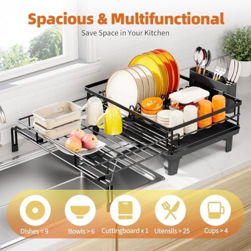 Expandable Sink Dish Drying Rack for Kitchen Counter, 1-Tier Black