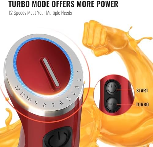 5-in-1 Hand Immersion Blender, 1000W 12 Speed Handheld Blender Stick with Copper Motor Stainless Steel Blade, 600ml Mixing Beaker,500ml Food Processor, Whisk, Milk Frother, Non-BPA, Red