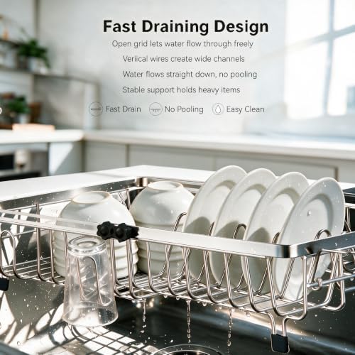Expandable Dish Drying Rack Over & in Sink with 2 Utensil Holders