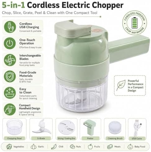 Upgraded Multi Blade Chopper Electric Hand Held, 4-in-1 Wireless Vegetable Chopper with Slicing Grating Peeling, Rechargeable Food Processor for Garlic Onion Meat, 2Pcs - Image 2