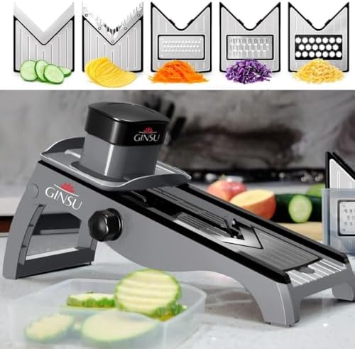 GINSU Stainless Steel Mandoline Slicer – Adjustable Food Slicer 14x6x3in, Precision Vegetable Cutter with Safety Guard, Non-Slip Base & Easy Clean Design - Image 2