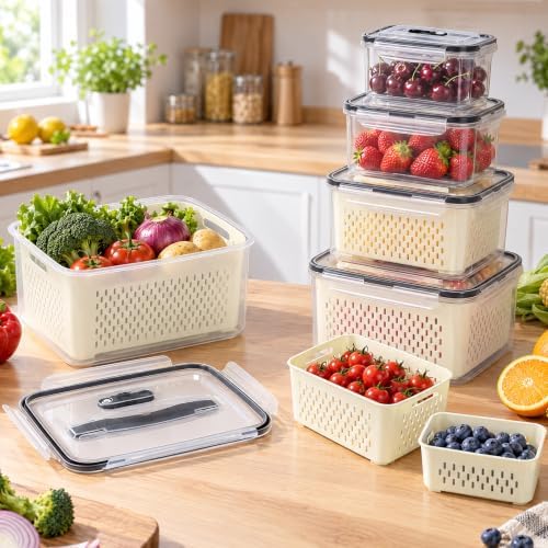5 PCS Fruit Storage Containers for Fridge with Removable Colander