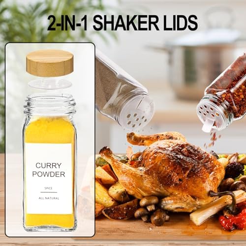 Glass Spice Jars with 398 Labels, 24 pcs 4oz Spice Containers with Bamboo Lids, Square Spice Bottles With Shaker Lids,Spice Organization for Cabinet,Drawer,Rack,Seasoning Organizer