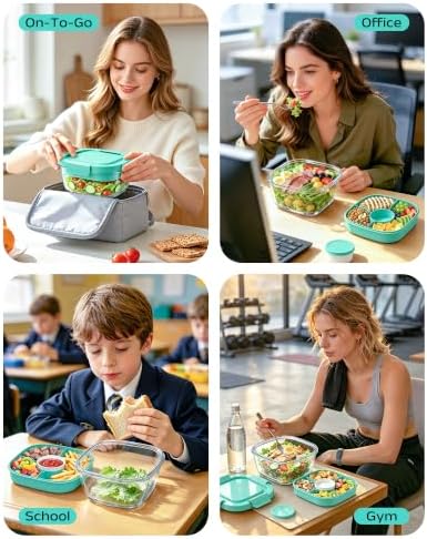 Glass Salad Container,56oz Salad Bowl To Go for Lunch with Airtight Lid,Leak-Proof Sauce Container,4-Compartment Bento Tray & Reusable Fork - BPA-Free Glass Lunch Box for Meal Prep,Office（Green）