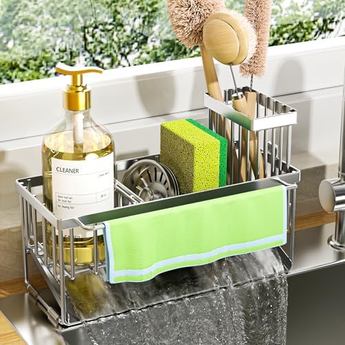 Kitchen Sink Caddy Organzier with High Brush Holder, Sponge Holder for Sink, 304 Rustproof Stainless, Kitchen Countertop Soap Dispenser Organizer (Silver With Towel Rack, 9.25″)