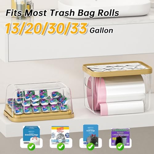 2-in-1 Trash Bag Dispenser & Laundry/Dishwasher Pods Container, Clear Acrylic Garbage Bag Holder with Removable Lids, Under Sink Organizer Kitchen Pantry Storage Box