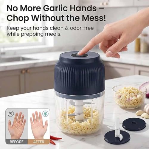 Household Electric Garlic Crusher, 400ml Mini Electric Food Chopper, Portable Mini Food Processor with 6 Blades, Wireless Electric Garlic Chopper for Ginger, Chili, Fruit, Meat, etc (4 Blades Blue) - Image 2