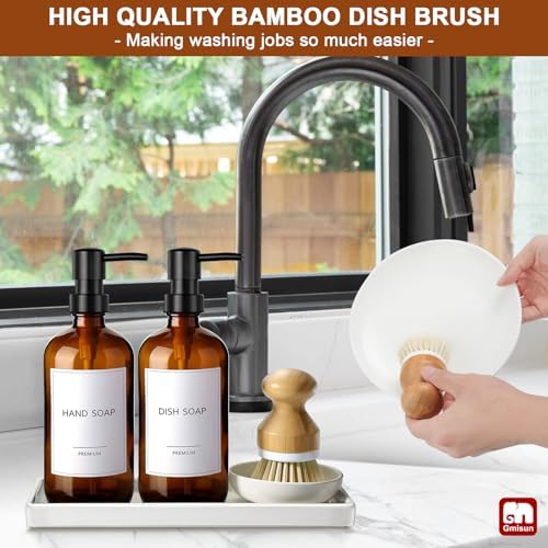 Dish Soap Dispenser, 16 Oz Kitchen Soap Dispenser Set with Ceramic Tray & Bamboo Brush, 2 Pack Thick Amber Glass Soap Dispenser, Farmhouse Refillable Hand and Dish Liquid Soap Pump Bottle Set
