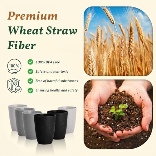 Drinking Glasses 16oz Wheat Straw Cups-Stackable and Reusable Cups, Alternative to Plastic Cups for Iced Coffee, Smoothies,Iced Tea-Black Grey