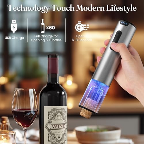 Electric Wine Opener, Automatic Wine Opener with Foil Cutter, Vacuum Stopper, Pourer, Rechargeable Wine Bottle Opener - Party Favor, Christmas Gift for Wine Lover