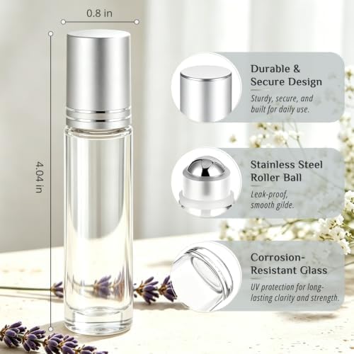 PrettyCare 4 Pack, 10 ml Essential Oil Roller Bottles with Stainless Steel Roller Ball - Refillable Leak-proof Empty Thick Clear Glass Roll on Bottles with Silver Caps for Travel, Perfume - Image 5