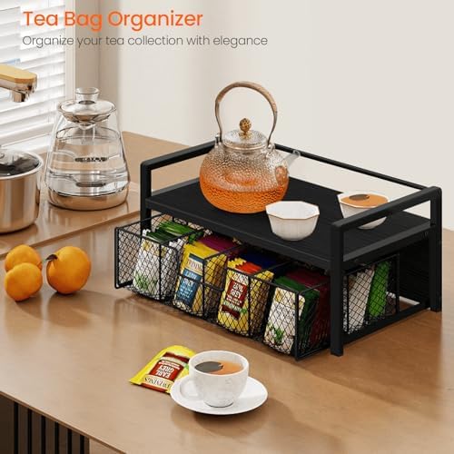 Wood Tea Bag Organizer, Teabag Holder with Drawer, Tea Organizers and Storage Box, 8 Compartments Tea Caddy Station Chests Display Container for Counter Kitchen, Black