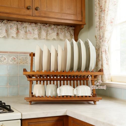 Teak Wood Dish Drying Rack, Foldable Plate Organizer Countertop