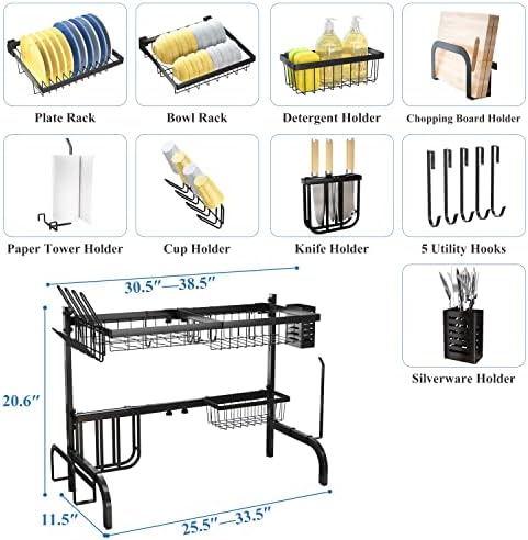 Over The Sink Dish Drying Rack, Adjustable 25.5-33.5 in, 2-Tier, Black