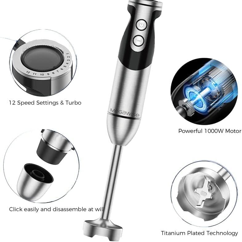 3-in-1 Immersion Hand Blender, 12 Speeds, Titanium Blades, Black