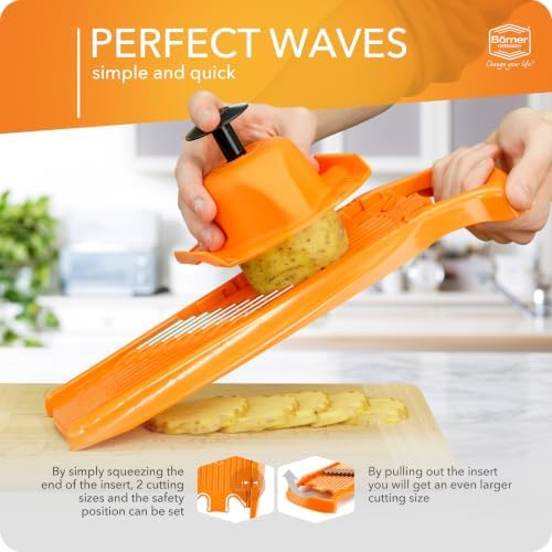 Börner by Reston Lloyd Wave-Waffle Power Line • Crinkle Cut/Spirelli Vegetable Slicer & Food Safety Holder • Slicer for Wave Waffle Cut Style • Multiple Thickness Options • Made in Germany, Orange - Image 5