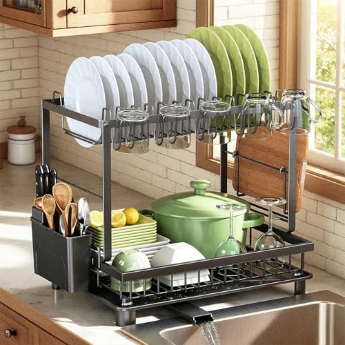 2-Tier Dish Drying Rack for Kitchen Counter, Space-Saving, Black