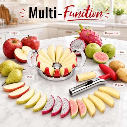 Heavy Duty 12-Blade Apple Slicer, Extra Large Stainless Steel Apple Cutter & Corer, Sharp, Easy to Use, Dishwasher Safe for Apples & Fruits