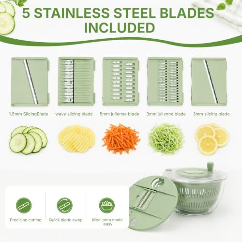 Salad Spinner 4.25qt, One‑touch Stop Button & Non‑slip Base, Vegetable Dryer Bowl with 5‑blade Slicer & Egg Yolk Strainer for Kitchen Party Use - Image 4