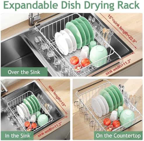 Dish Drying Rack in Sink, ExtendableStainless Steel Dish Drainers for KitchenCounter, Anti-Rust Dish Dryer Rack withUtensil & Cup Holders, for Inside Sink, Over The Sink