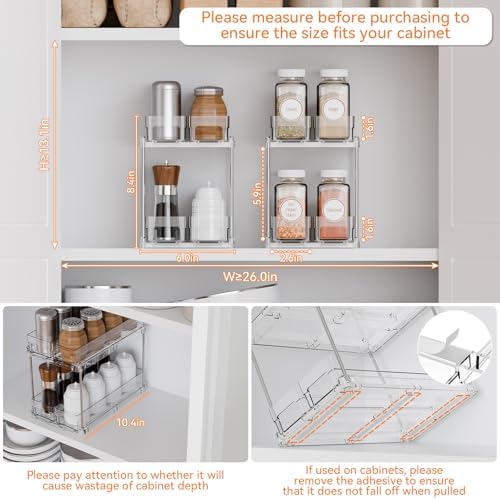 2 Tier Sliding Spice Racks for Cabinets,2 Pack 10.4'' Deep Narrow Vertical Spice Rack Pull Out for Inside Cabinets,Kitchen,Pantry,Cupboard Seasoning,Jar Organizer and Medicine Cabinet Storage