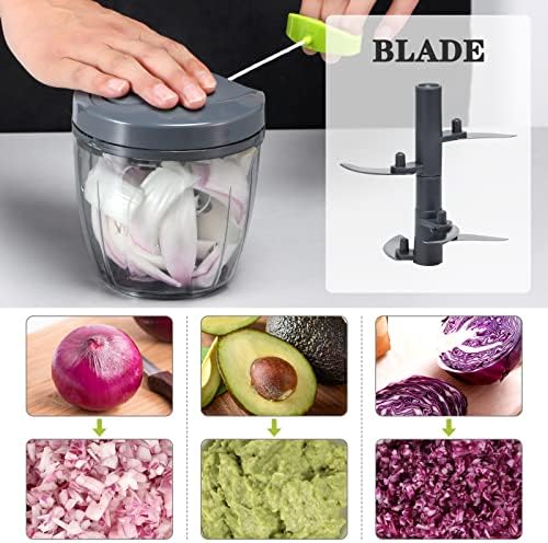 Manual Food Chopper Vegetable Cutter, Hand String Vegetable Chopper Onions Cutter for Vegetable Fruits Nuts BPA Free Food Safe Material, 900ml Grey