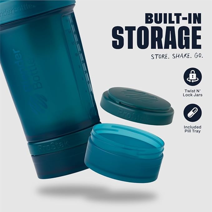 BlenderBottle Shaker Bottle with Pill Organizer and Storage for Protein Powder, Classic V2 ProStak System, 22-Ounce, Ocean Blue