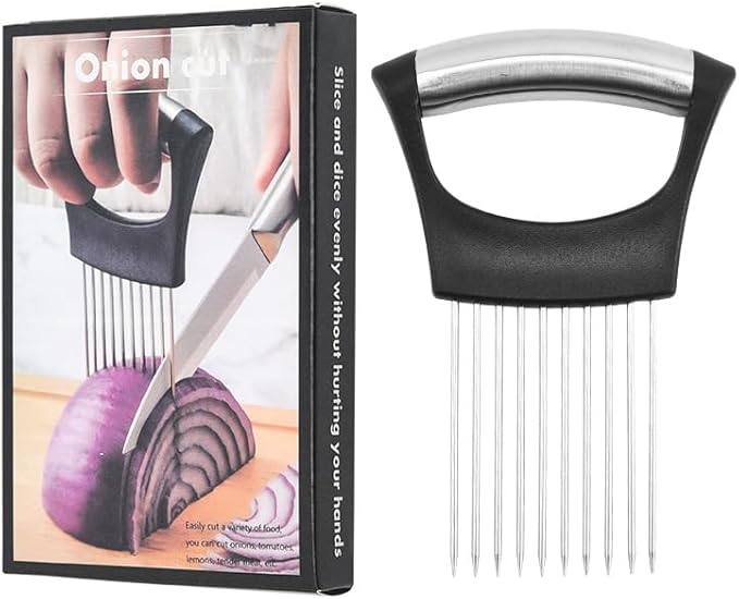 Onion Holder & Food Slicer Cutter Tool – Stainless Steel Vegetable & Fruit Slicing Assistant for Easy, Safe Cutting (Black)