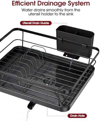 Stainless Steel Dish Drying Rack for Kitchen Counter, Sink Organization and Storage Essentials with Silverware & Utensil Holder, Home and Apartment Decor, 12''W x 15.5''L, Black