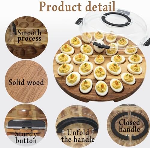 Acacia Wood Deviled Egg Platter with Lid, 24-Hole Egg Tray with Slicer, Piping Tips & Mini Tongs for Easter & Parties