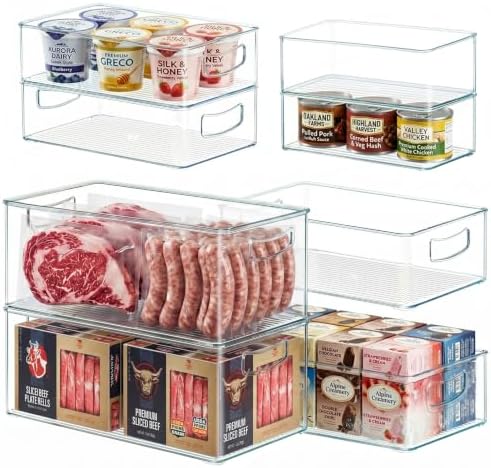 8 PACK Freezer Organizer Bins Fridge Organizers and Storage Stackable Refrigerator Organizers Bins with Side Handles Clear Storage Bins for Pantry, Under Sink, Kitchen Cabinet