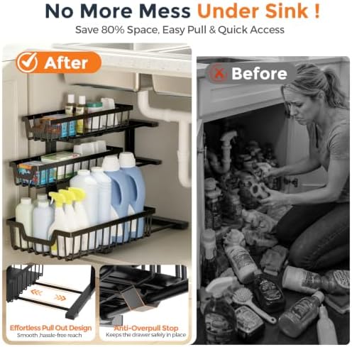 Under Sink Organizer, 2-Pack 3-Tier Height Adjustable Thickened Metal Pull out Cabinet Organizer Shelf, Slide out Storage Drawer Rack for Bathroom Kitchen Pantry Home Laundry Organization (Black)